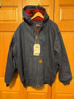 Carhartt Active Jac Blue Hooded Work Jacket with Red Plaid Lining New Loose XL